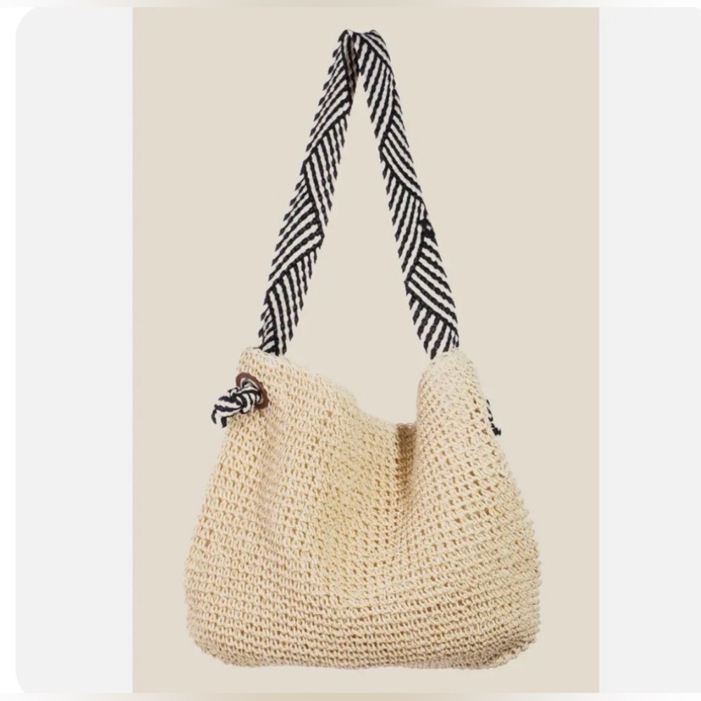 NWT Boho Woven Straw  Rustic Tote Shoulder Bag Black & White Strap Eco friendly